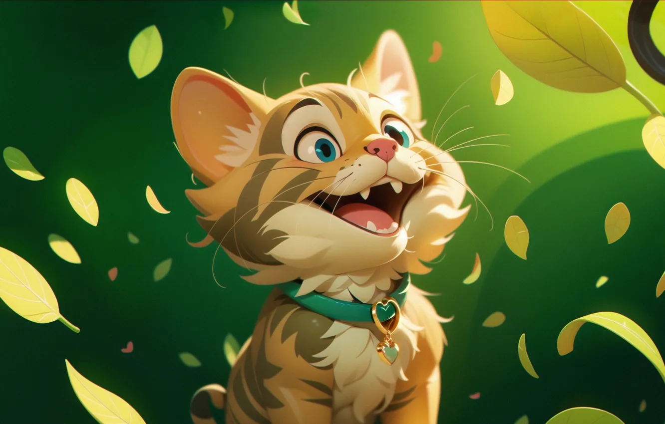 Photo wallpaper Pixar, cartoon, room, sitting, adorable, Falling leaves, cute cat, shallow depth of field