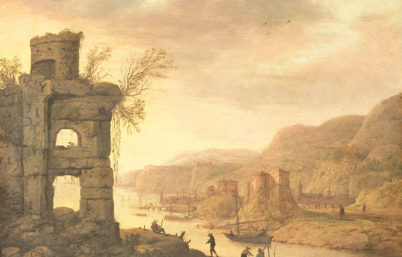 Photo wallpaper trees, boat, oil, picture, ruins, River Landscape, Dirk Verhaert