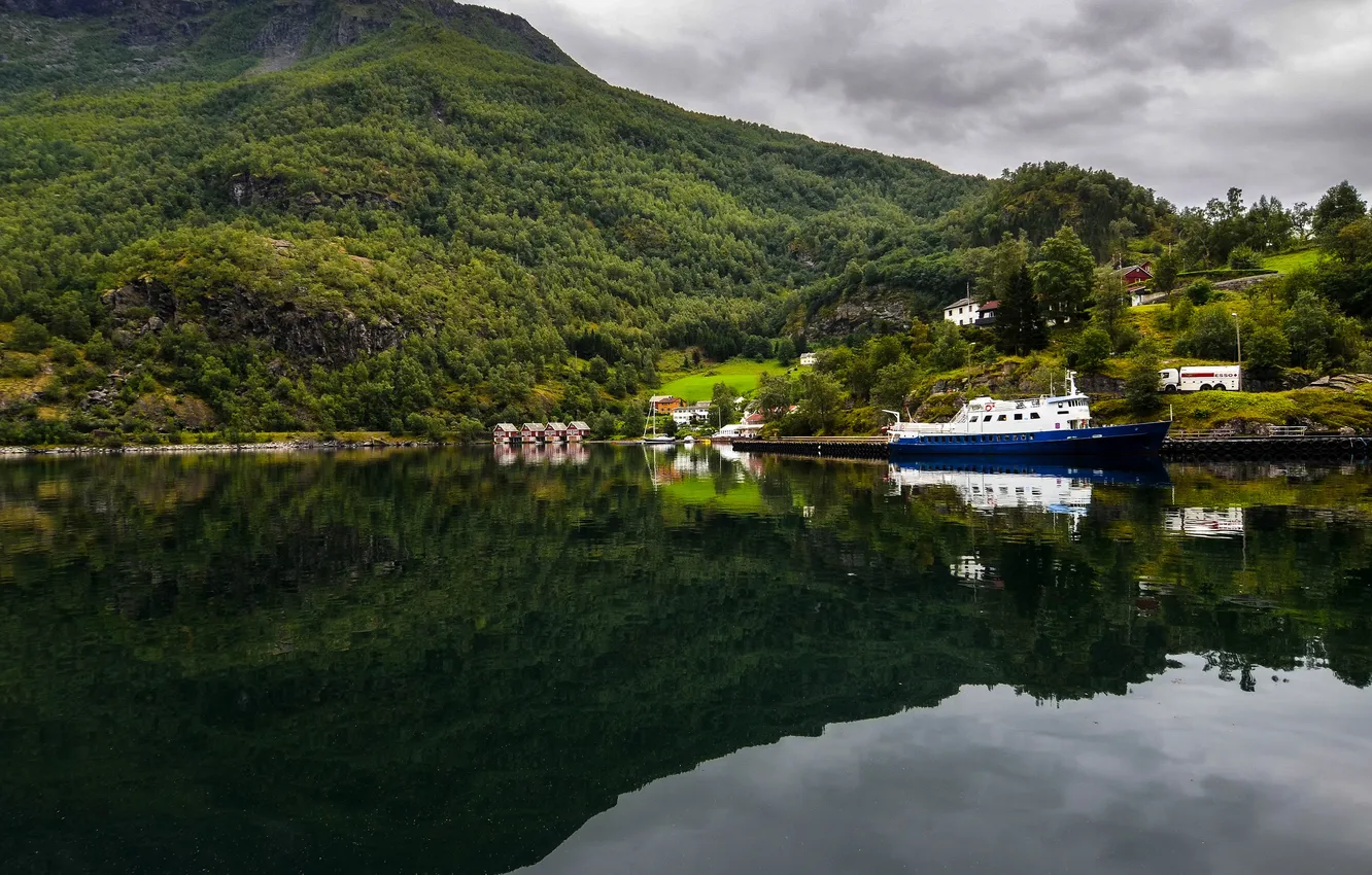 Photo wallpaper forest, mountains, pond, ship