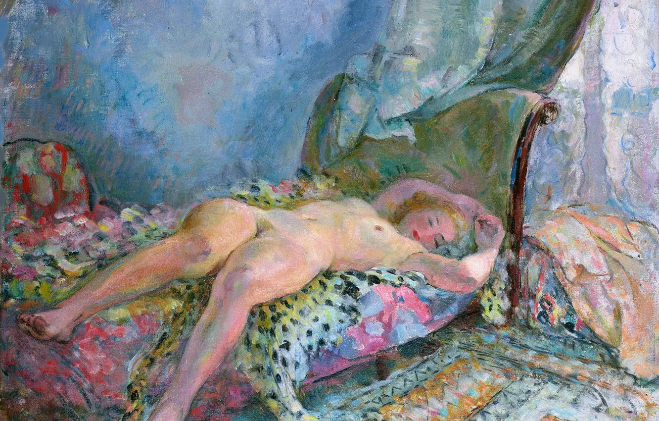Photo wallpaper Girl, Sofa, Picture, Naked, Henri Lebasque, Henri Lebacq, French Impressionist painter, Lying naked girl in …