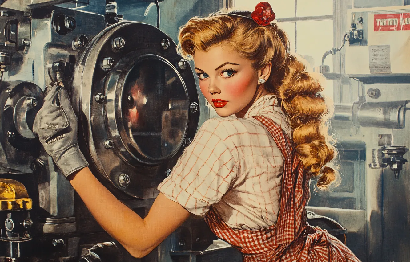 Photo wallpaper machine, look, girl, pose, style, retro, plant, beauty