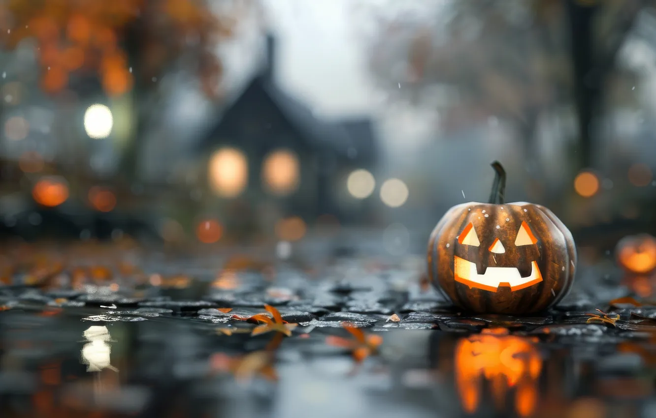 Photo wallpaper road, autumn, lights, fog, reflection, rain, holiday, home