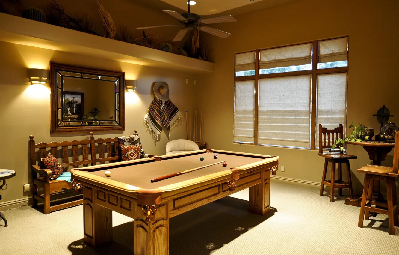 Photo wallpaper table, room, balls, Billiards, game, table, cue, room