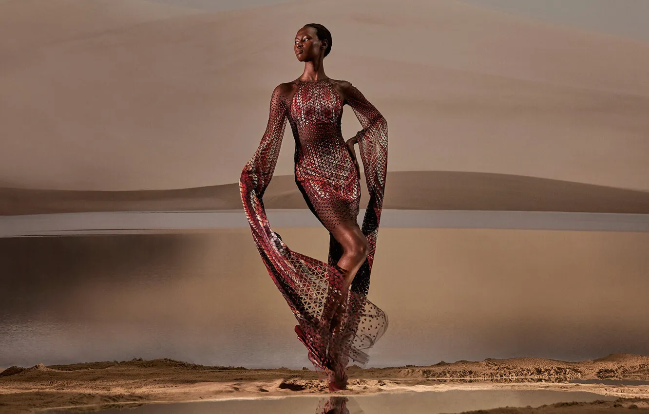 Photo wallpaper sand, water, pose, style, model, fashion, fashion, style