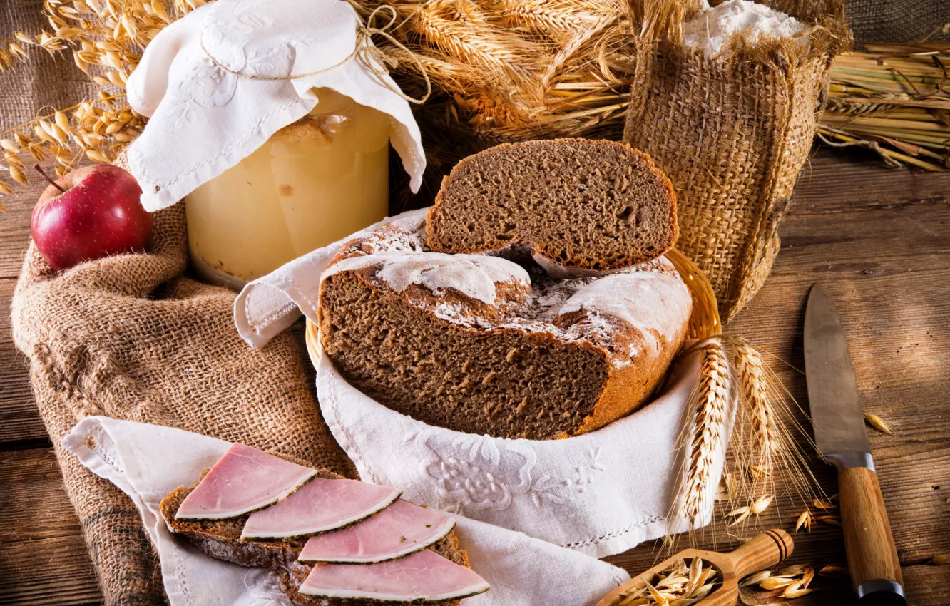Photo wallpaper apples, bread, knife, ears