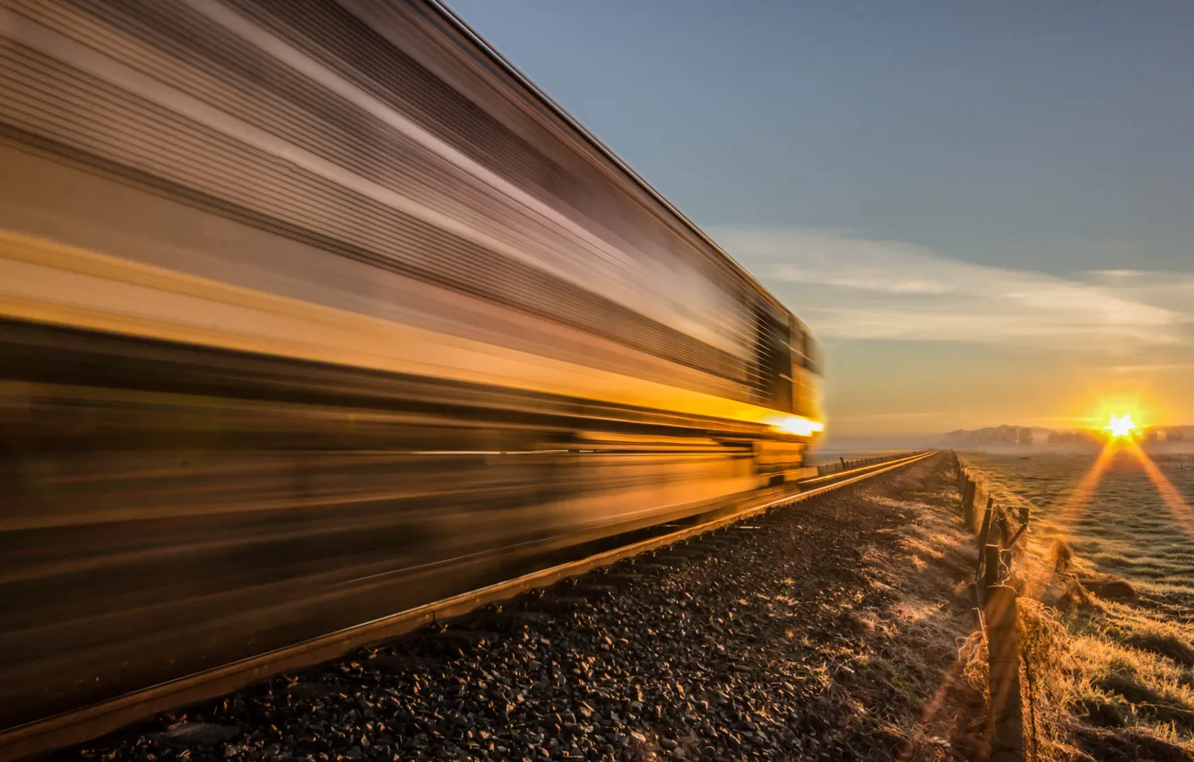 Photo wallpaper road, sunset, locomotive