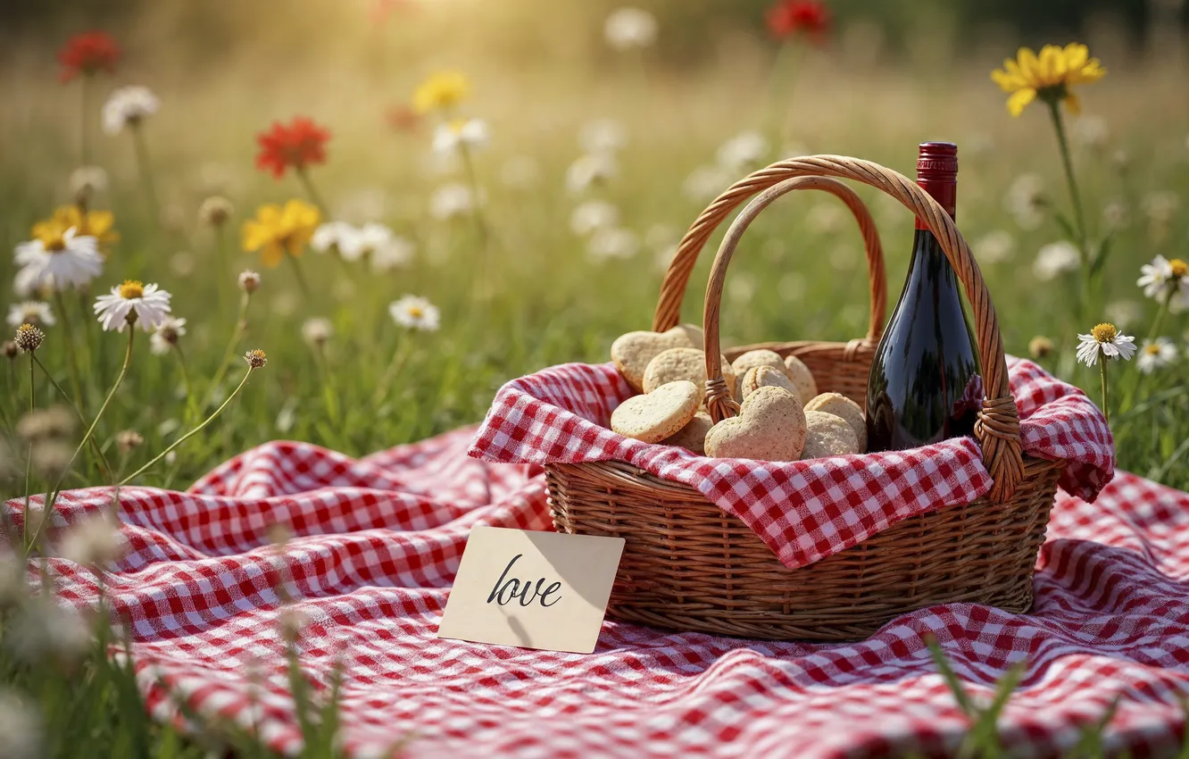 Photo wallpaper summer, love, wine, basket, summer, love, picnic, date