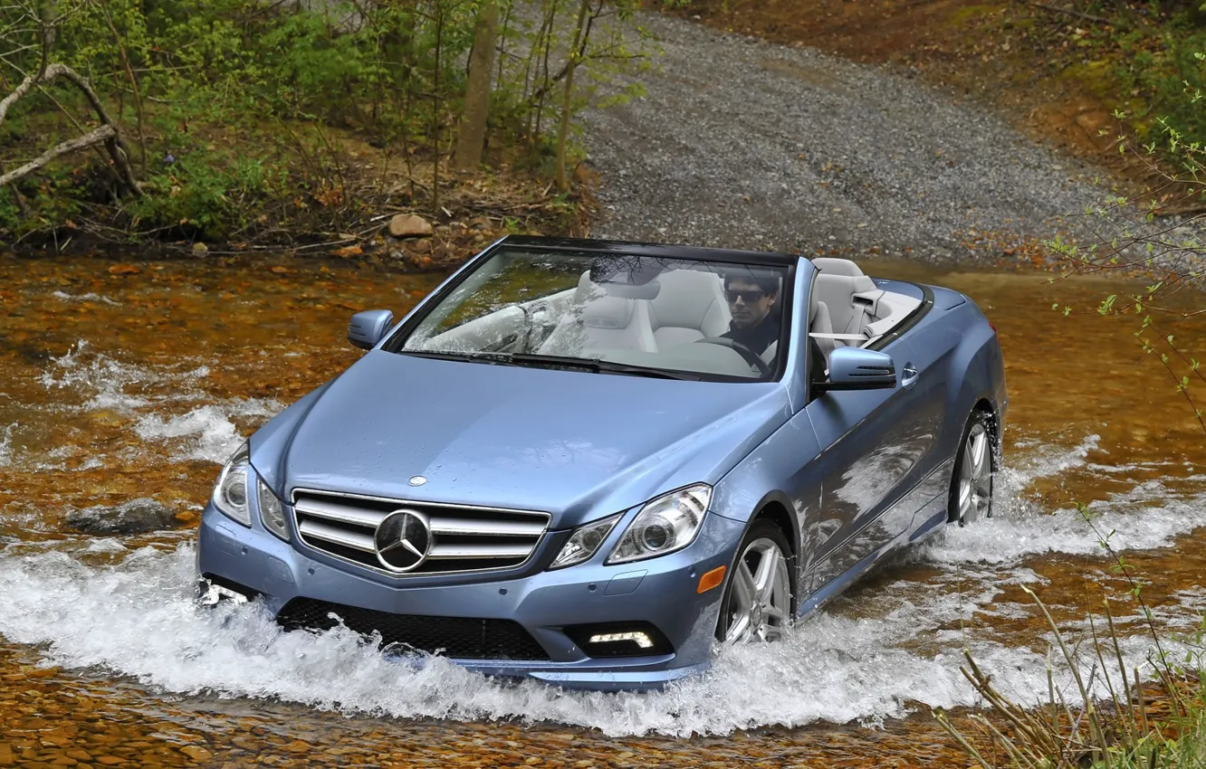 Photo wallpaper forest, water, machine, squirt, river, mercedes e550, Mercedes