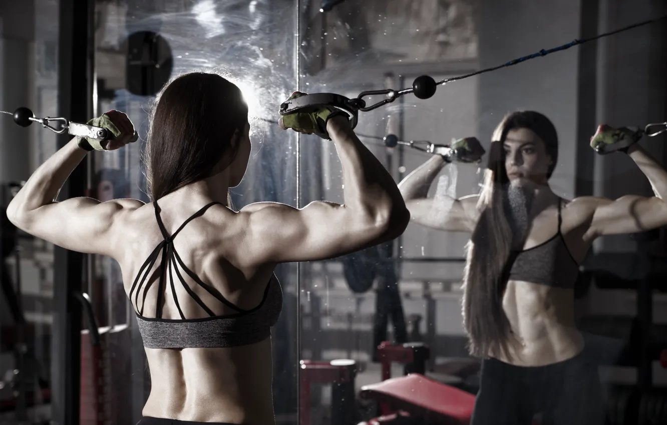 Photo wallpaper back, female, mirror, workout, fitness, gym