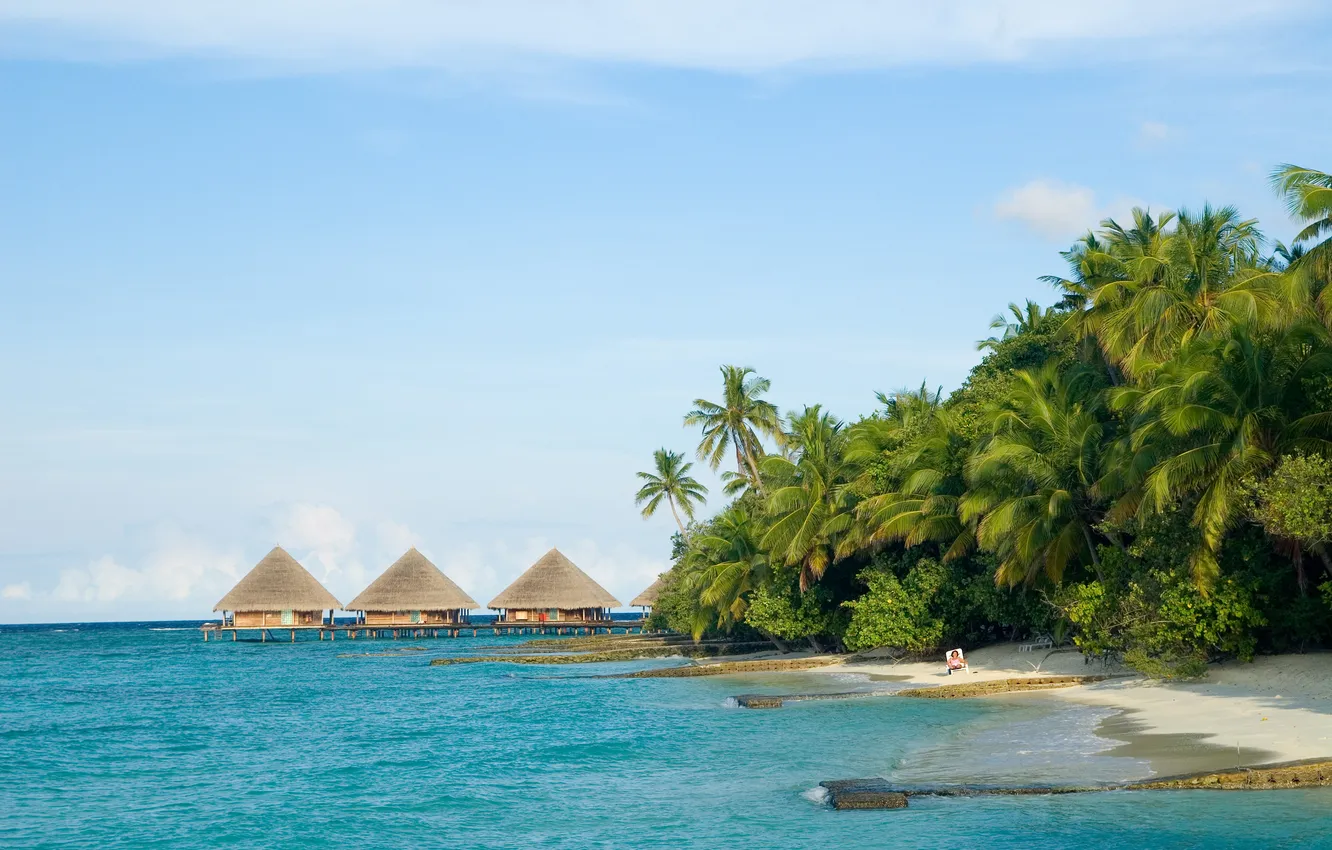 Photo wallpaper sea, beach, summer, the sky, palm trees, vacation, summer, hut