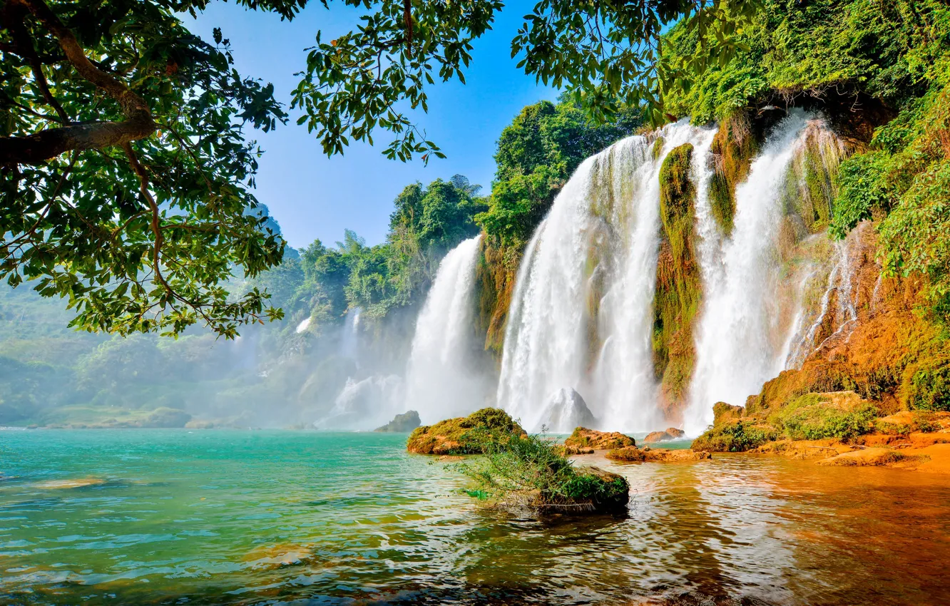 Photo wallpaper forest, the sky, trees, mountains, nature, waterfall, beauty, pond