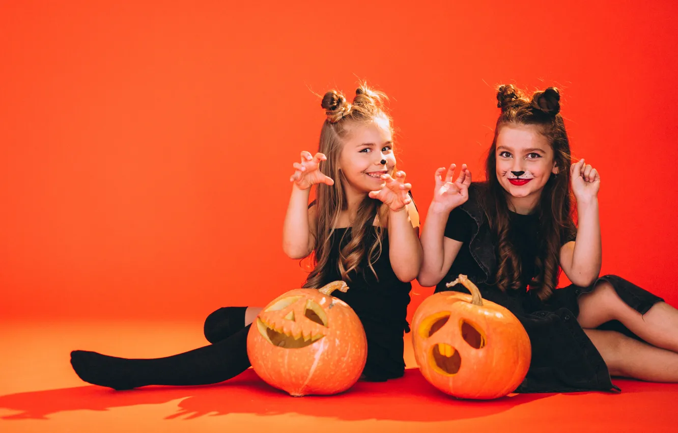 Photo wallpaper autumn, children, girls, the game, pussy, makeup, pumpkin, pumpkin