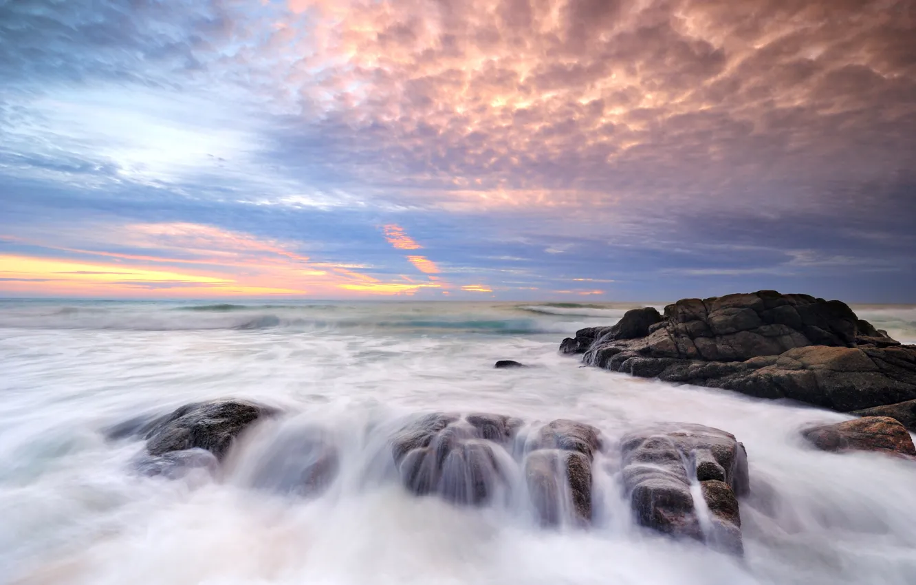 Photo wallpaper sand, sea, wave, beach, summer, the sky, sunset, stones