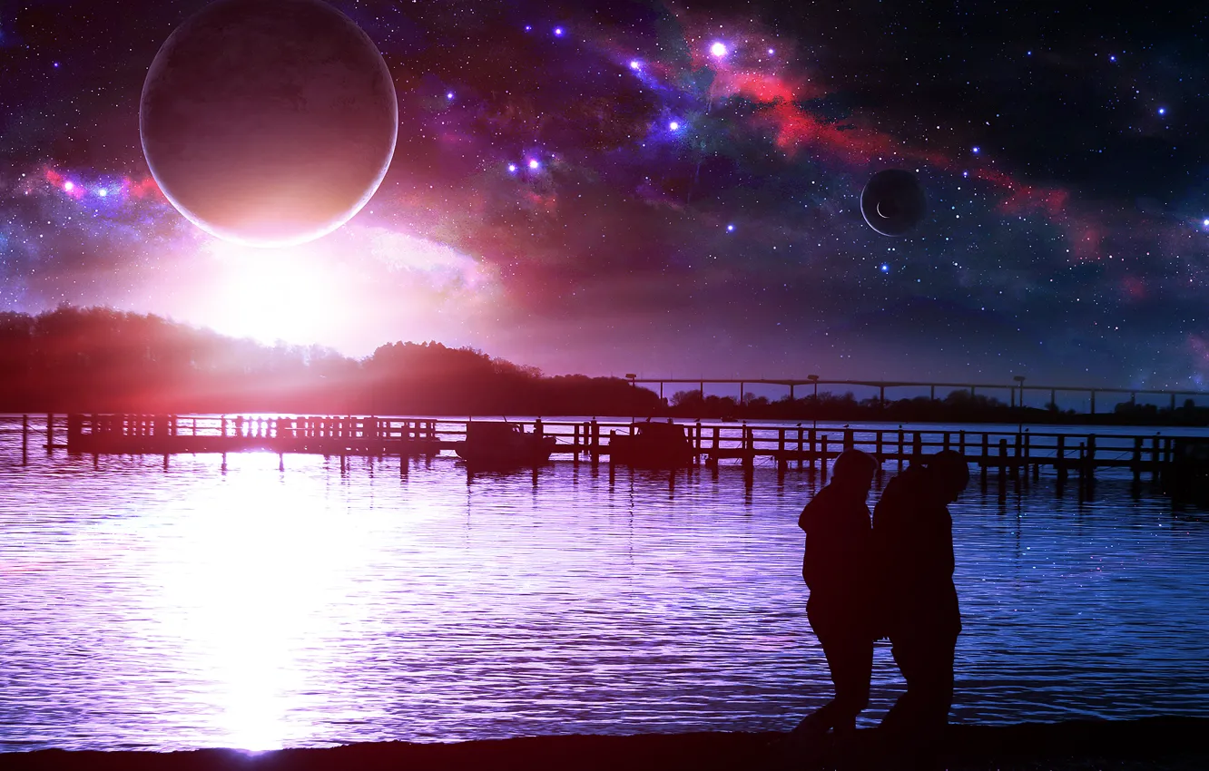 Photo wallpaper sea, beach, space, stars, planet, QAuZ