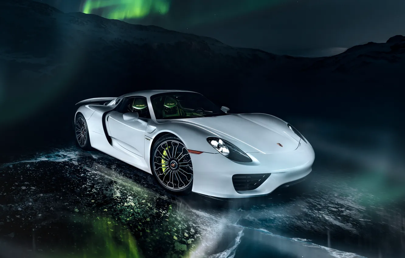 Photo wallpaper rendering, Northern lights, Porsche, supercar, Spyder, 918