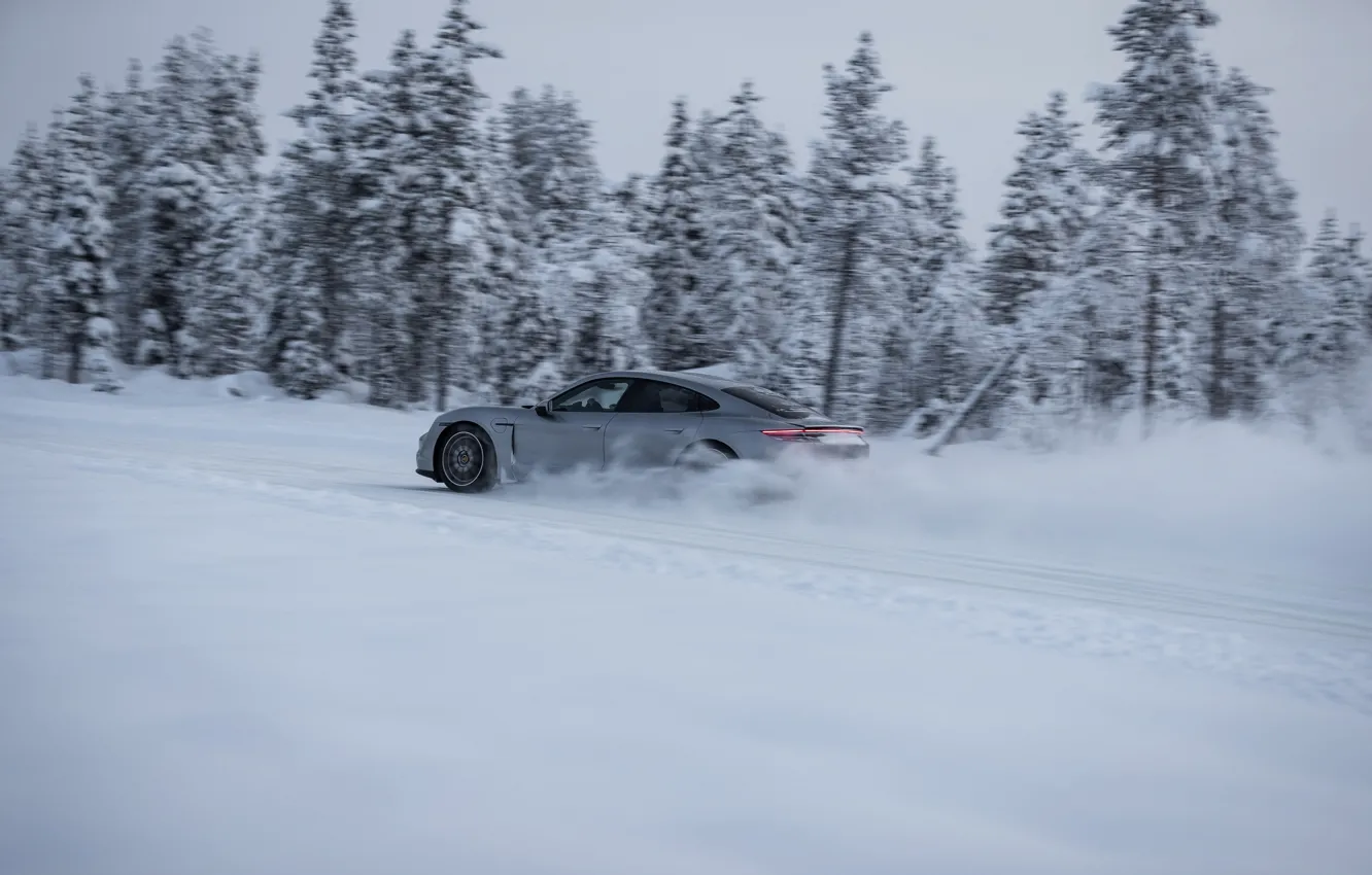 Photo wallpaper snow, grey, movement, speed, Porsche, 2020, Taycan, Taycan 4S