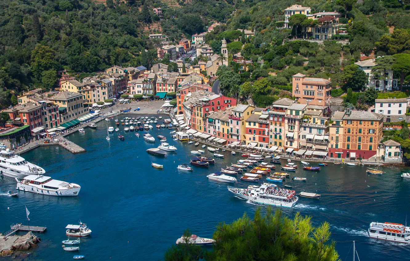 Photo wallpaper sea, landscape, home, Bay, yachts, boats, Italy, panorama