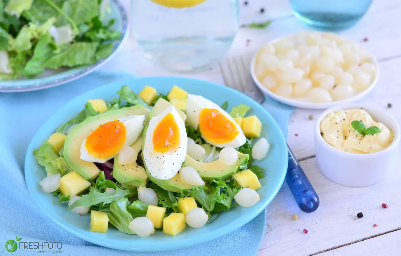 Photo wallpaper egg, bow, salad, avocado
