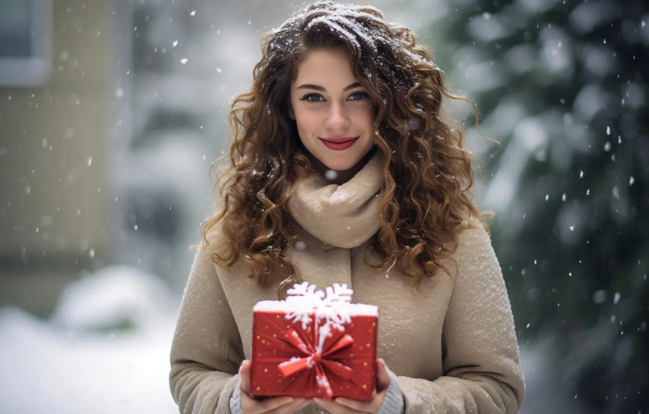 Photo wallpaper winter, forest, girl, snow, snowflakes, smile, Park, box