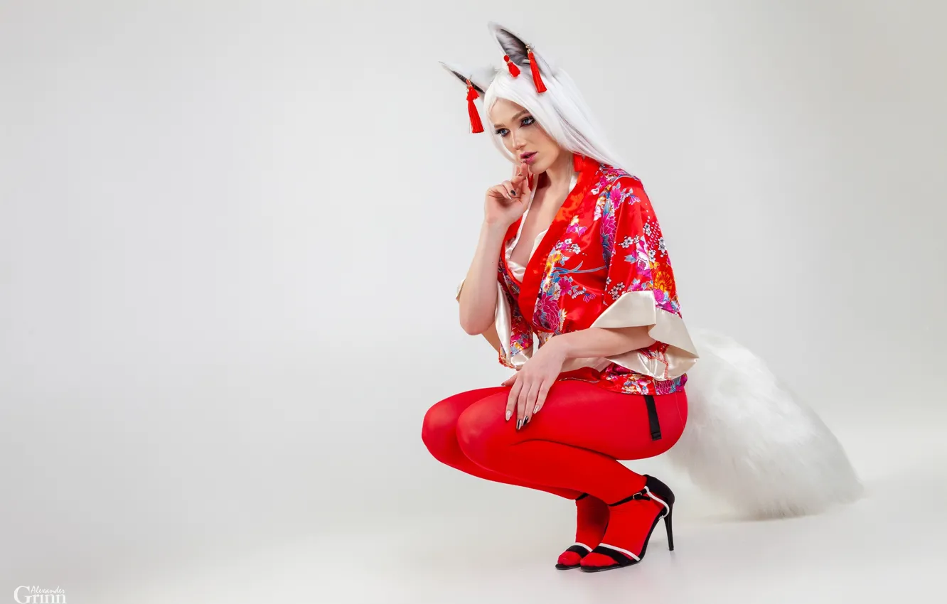 Photo wallpaper girl, pose, tail, legs, Fox, light background, ears, cosplay
