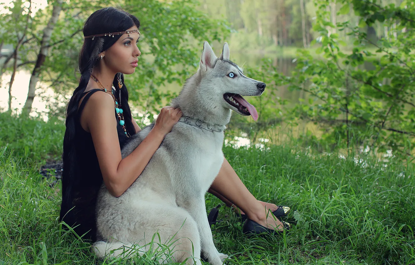 Photo wallpaper girl, nature, face, each, dog, brunette, sitting