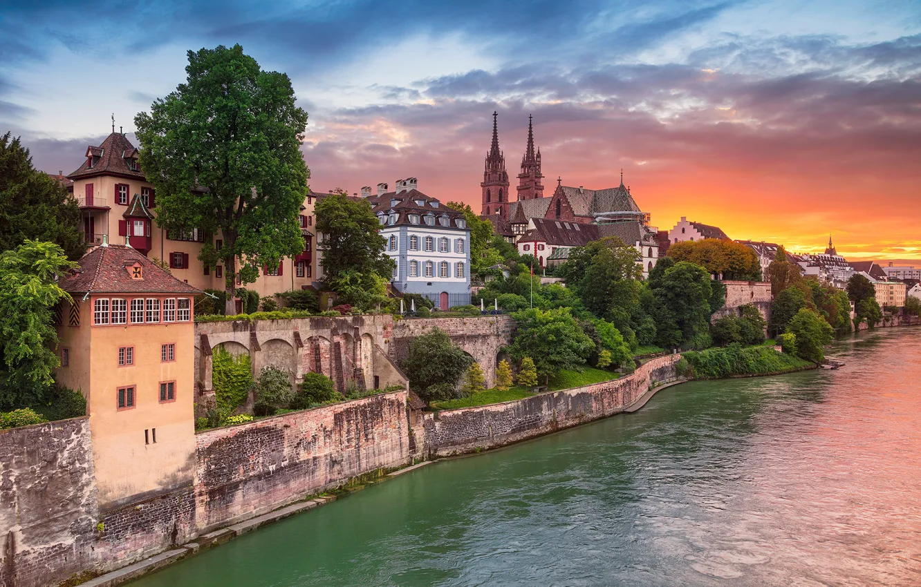 Photo wallpaper sunset, river, building, home, Switzerland, Switzerland, the Rhine river, Basel