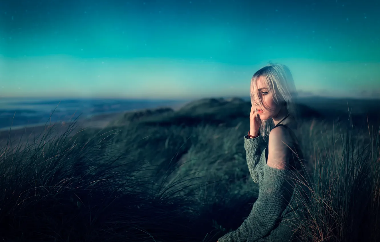 Photo wallpaper sadness, the sky, girl, stars, shore, depression