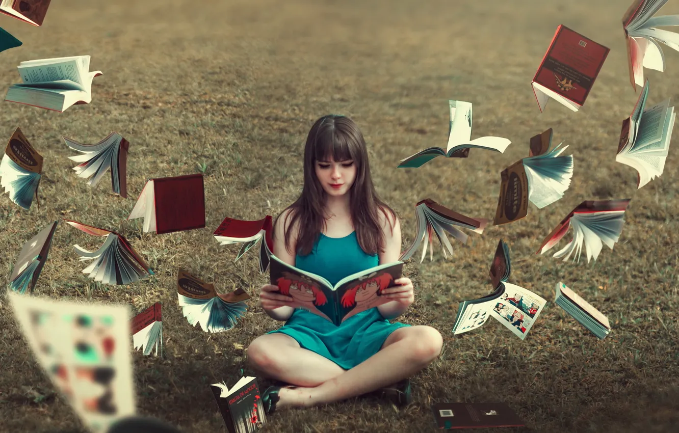 Photo wallpaper girl, background, books