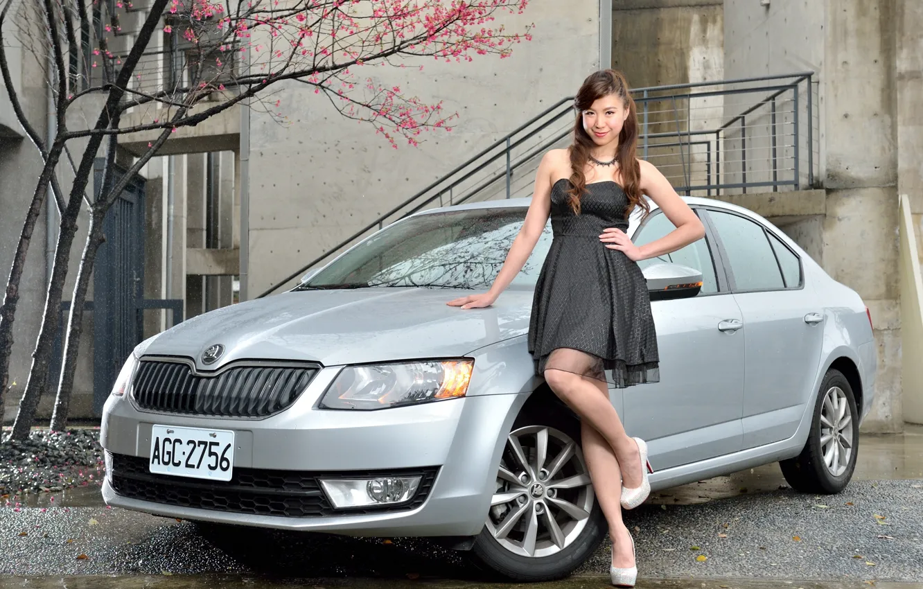 Photo wallpaper auto, look, Girls, Asian, beautiful girl, posing on the car, Skoda Octavia