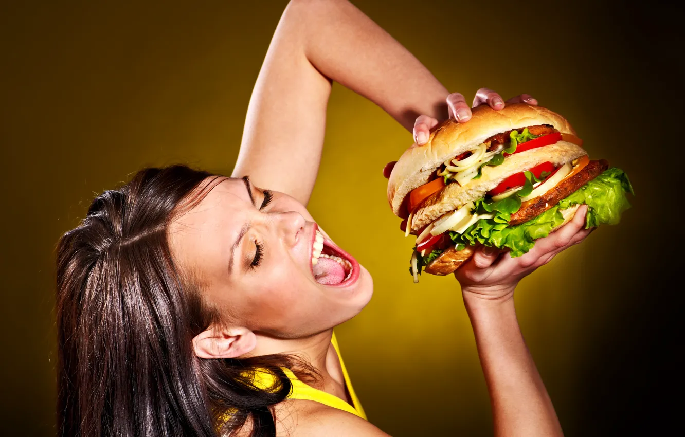 Photo wallpaper women, hamburger, diet, excess calories