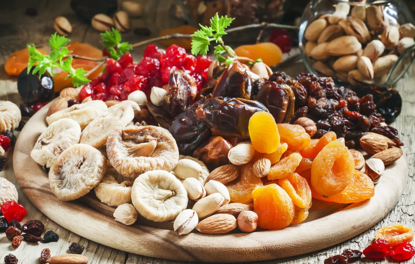 Photo wallpaper food, nuts, almonds, figs, dried apricots, dried fruits, dates