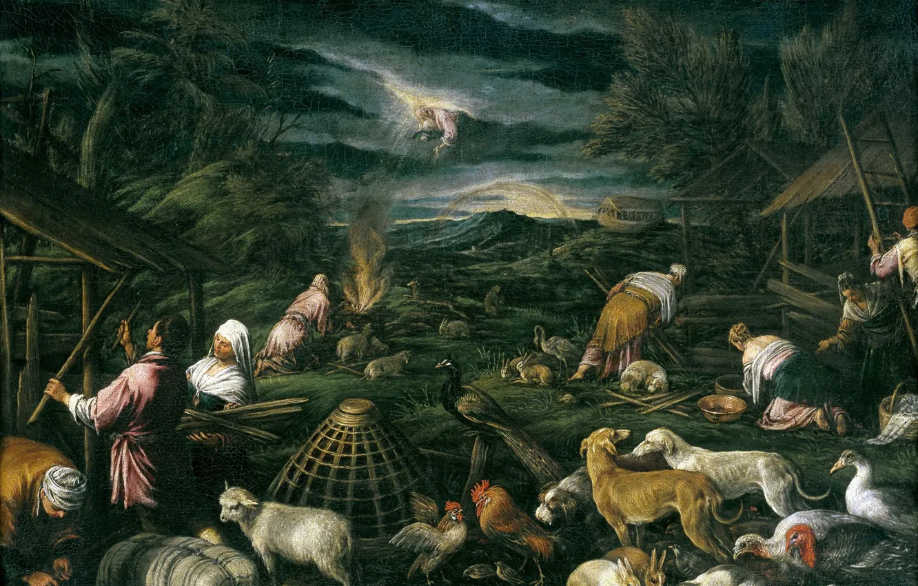 Photo wallpaper animals, people, God, picture, the Bible, mythology, Francesco Bassano, Noah The Flood The Poll