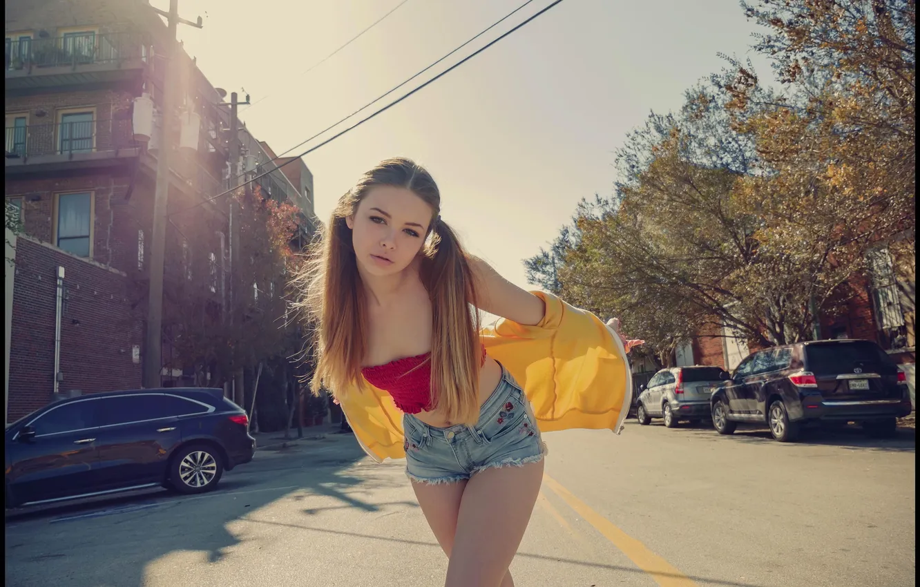 Photo wallpaper girl, shorts, pretty, cute, long-haired, tank top, ponytails