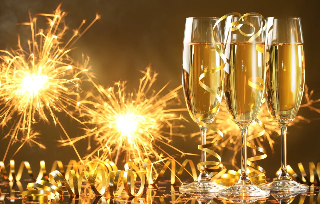 Photo wallpaper New Year, glasses, golden, champagne, serpentine, New Year, sparklers, celebration