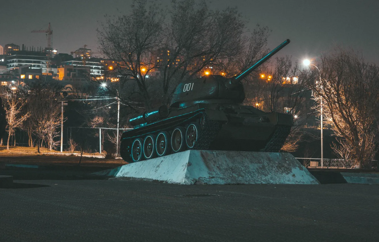 Photo wallpaper history, war, T34, Tigran Hambardzumyan, city lights, tank, trees