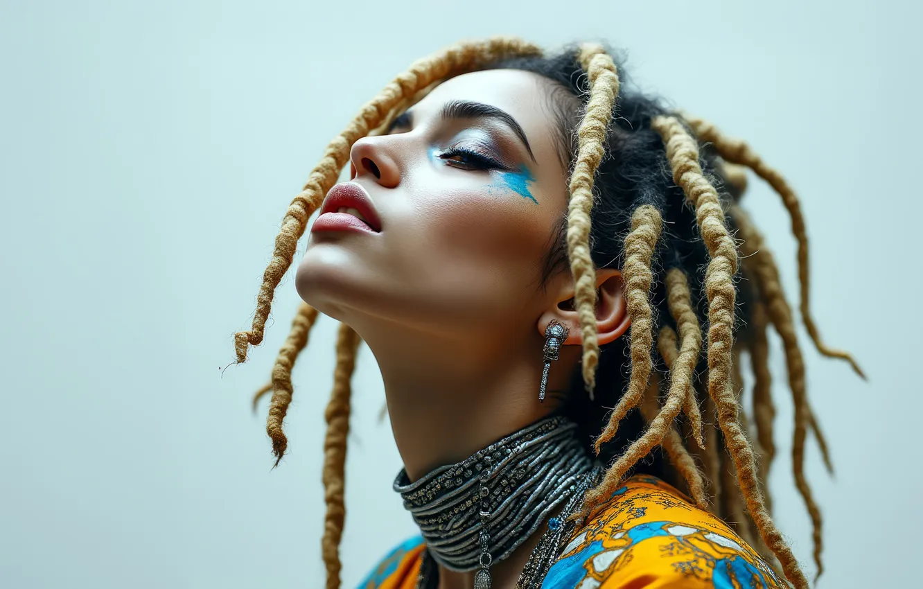 Photo wallpaper look, girl, face, portrait, hairstyle, braids, dreadlocks, blue background