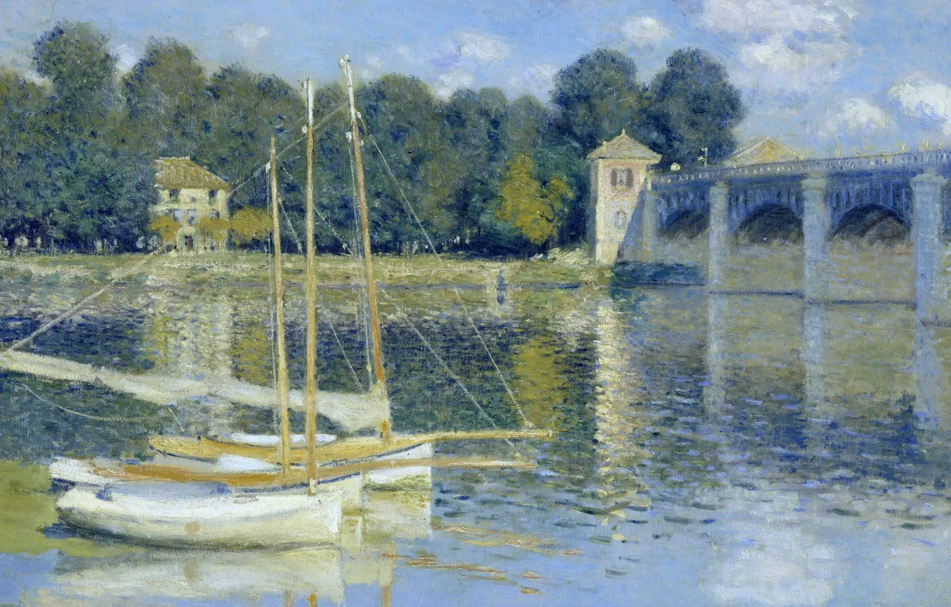Photo wallpaper landscape, picture, boats, Claude Monet, The bridge at Argenteuil