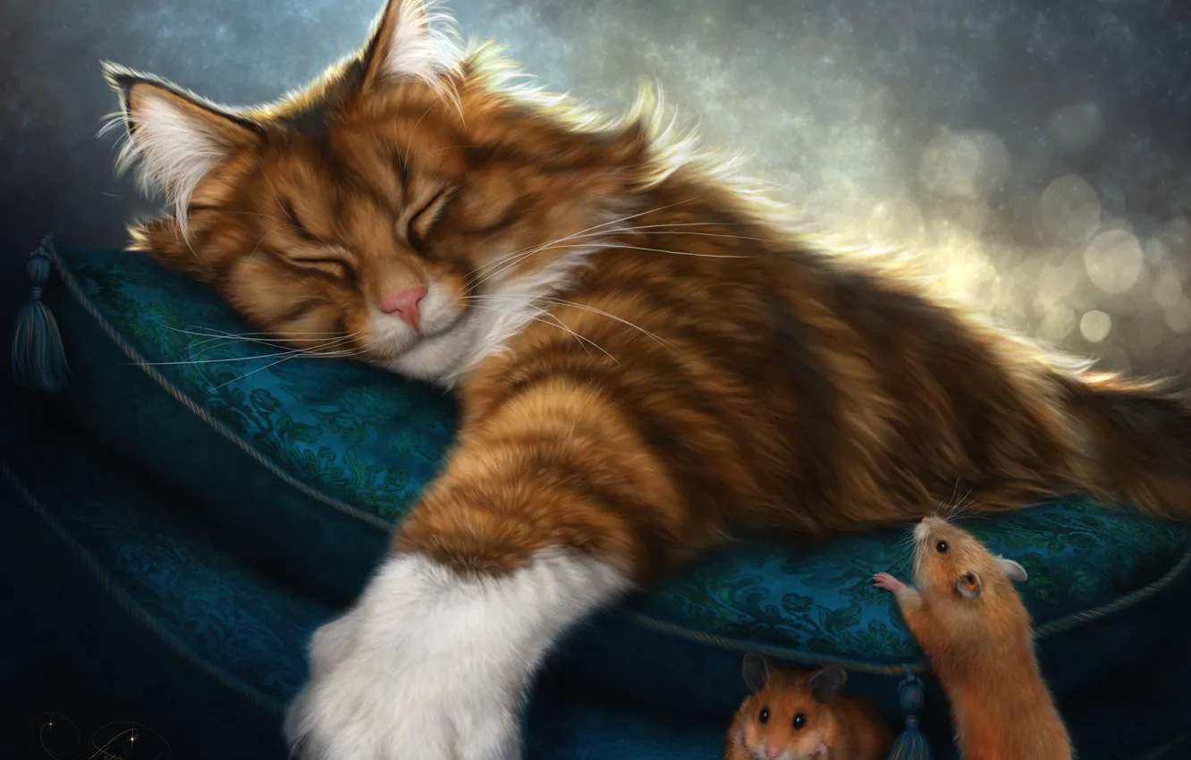 Photo wallpaper cat, sleep, red, pillow, mouse