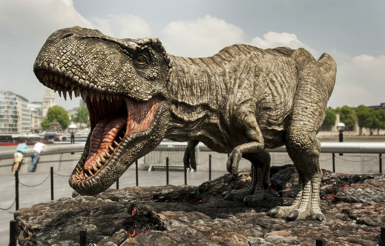 Photo wallpaper the city, London, dinosaur, predator, mouth, fangs, exhibition