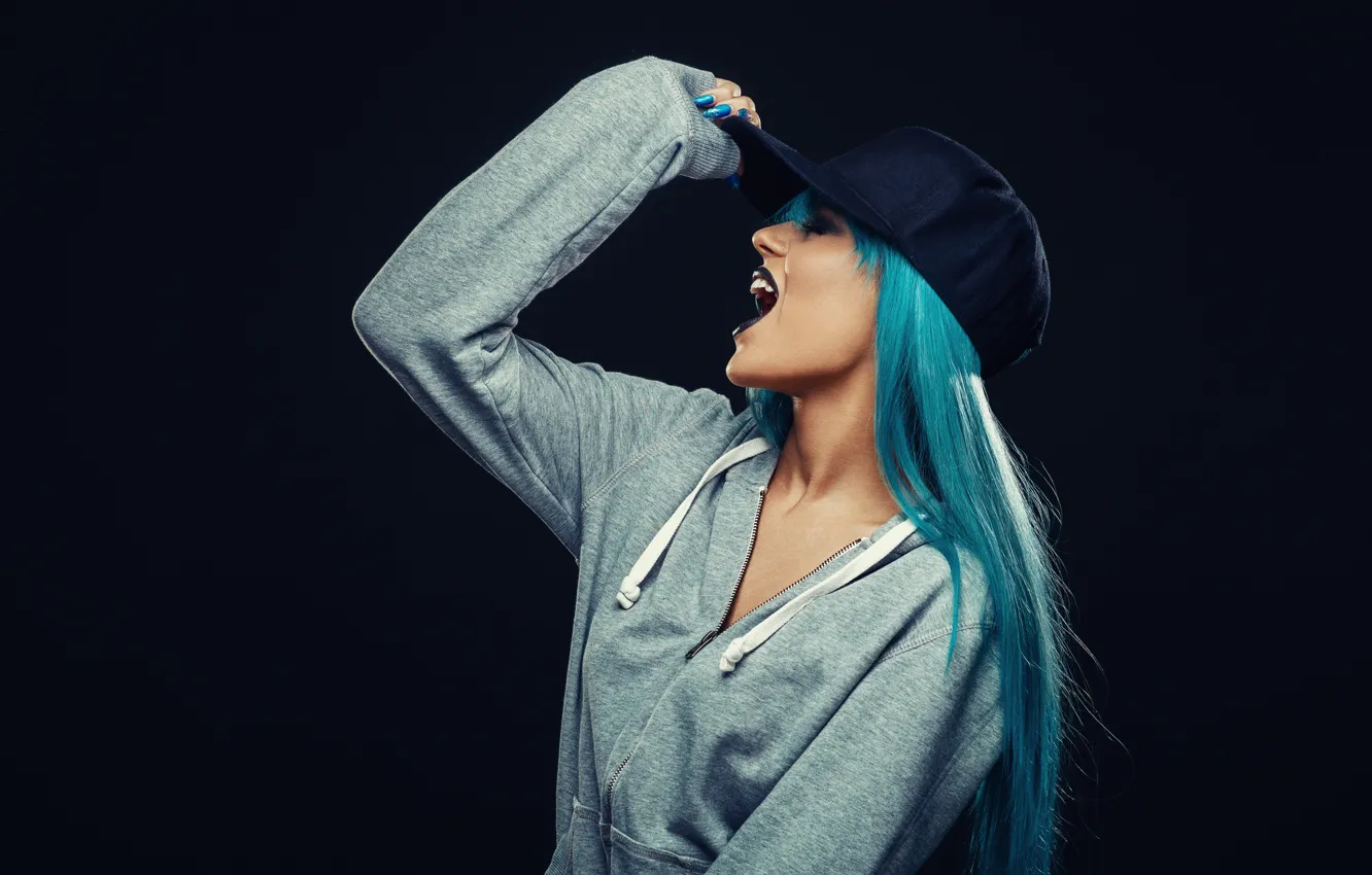 Photo wallpaper model, Hat, blue hair