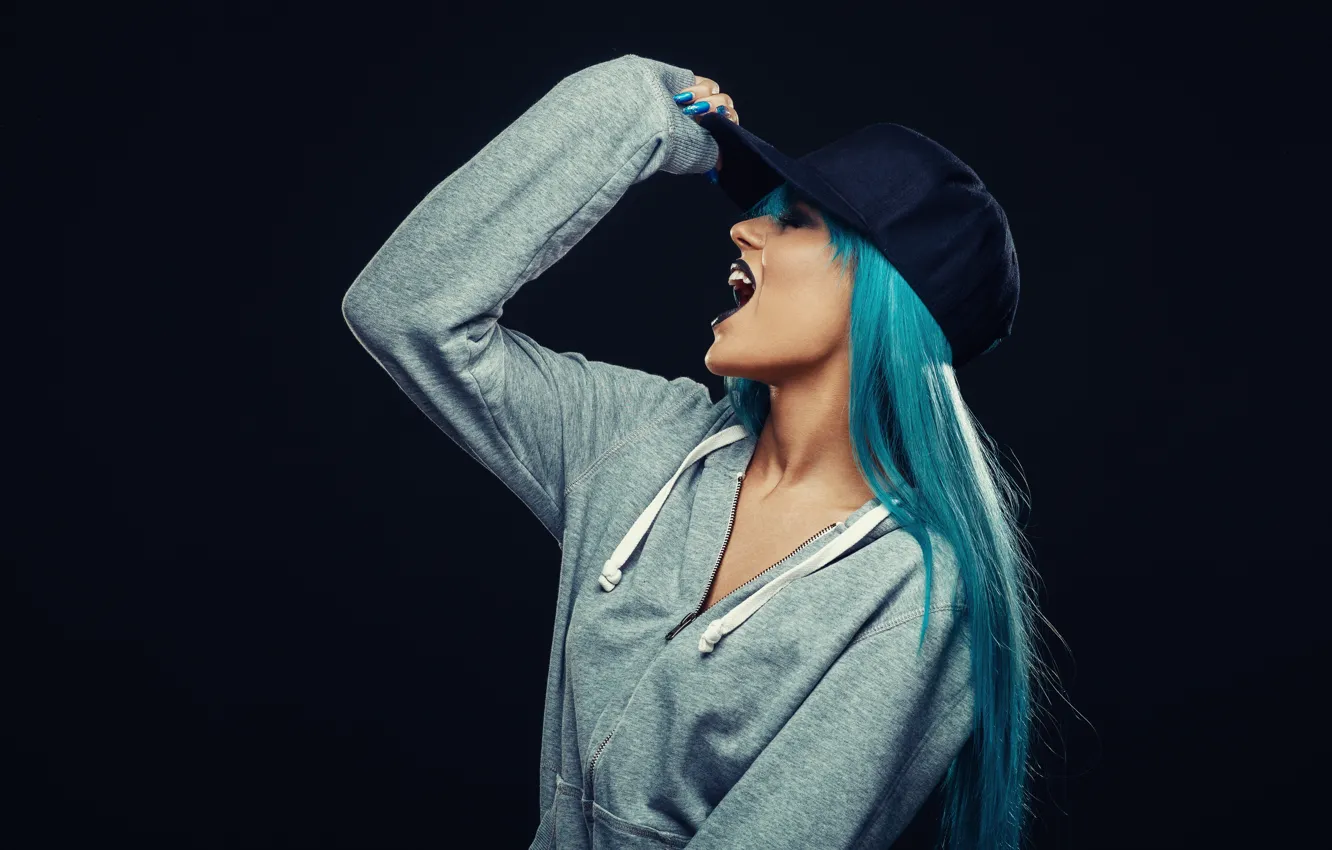 Photo wallpaper hat, model, blue hair