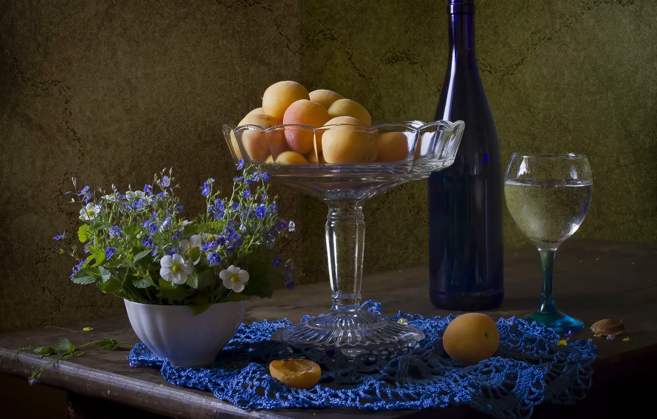 Photo wallpaper bottle, fruit, still life, apricots