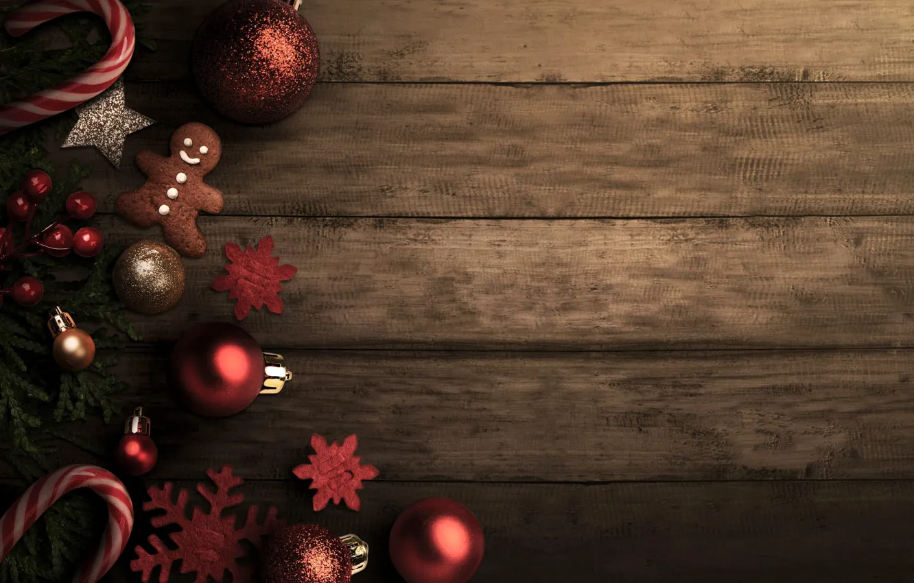 Photo wallpaper stars, balls, snowflakes, branches, red, Board, new year, men