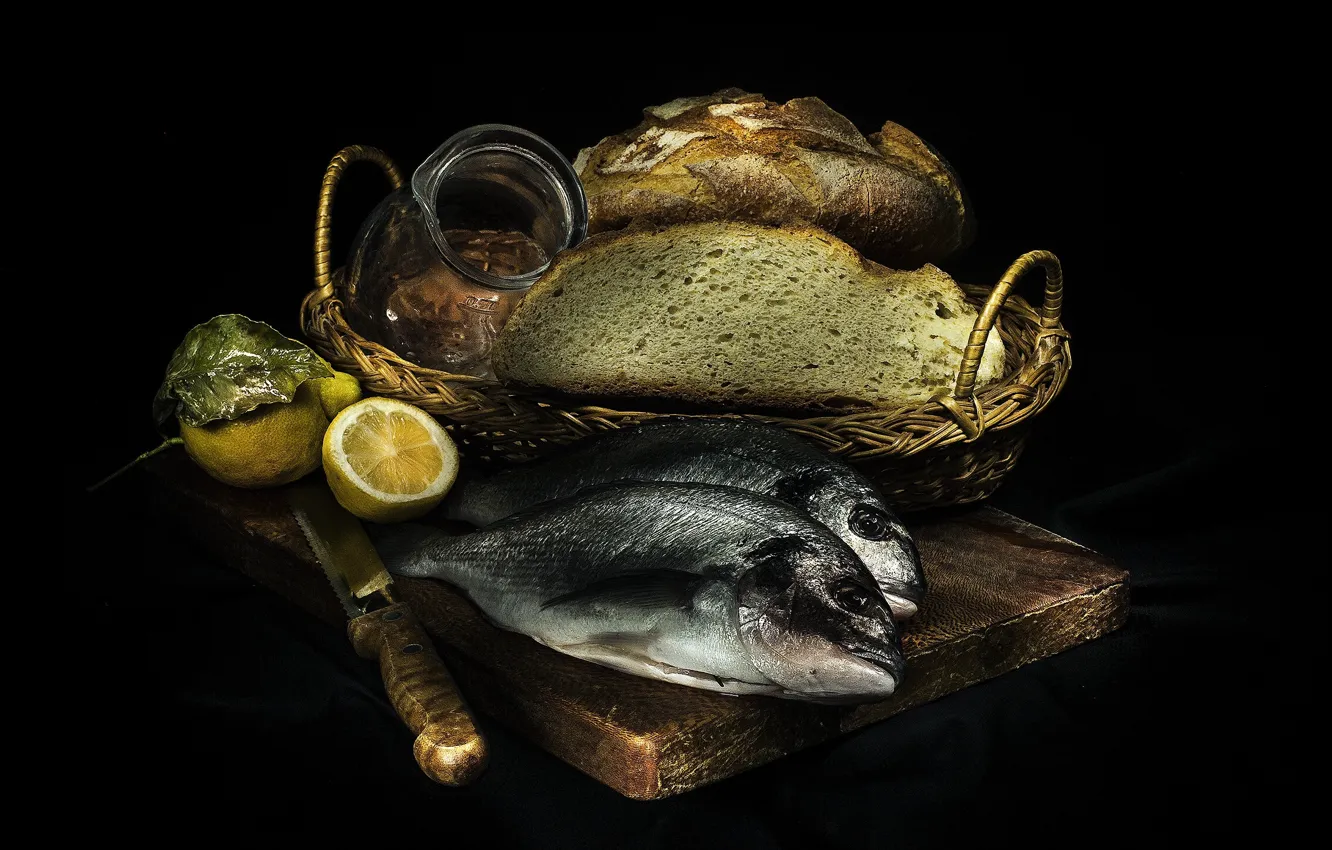 Photo wallpaper lemon, fish, bread