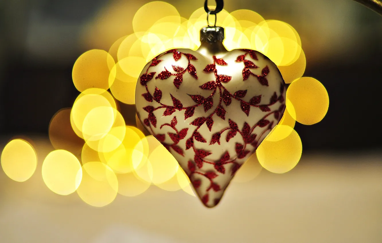 Photo wallpaper lights, patterns, white, toy, heart, yellow, decoration, Christmas
