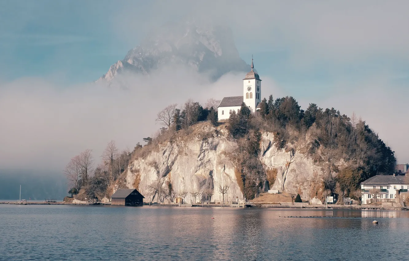 Photo wallpaper white, the sky, trees, mountains, fog, lake, rocks, shore