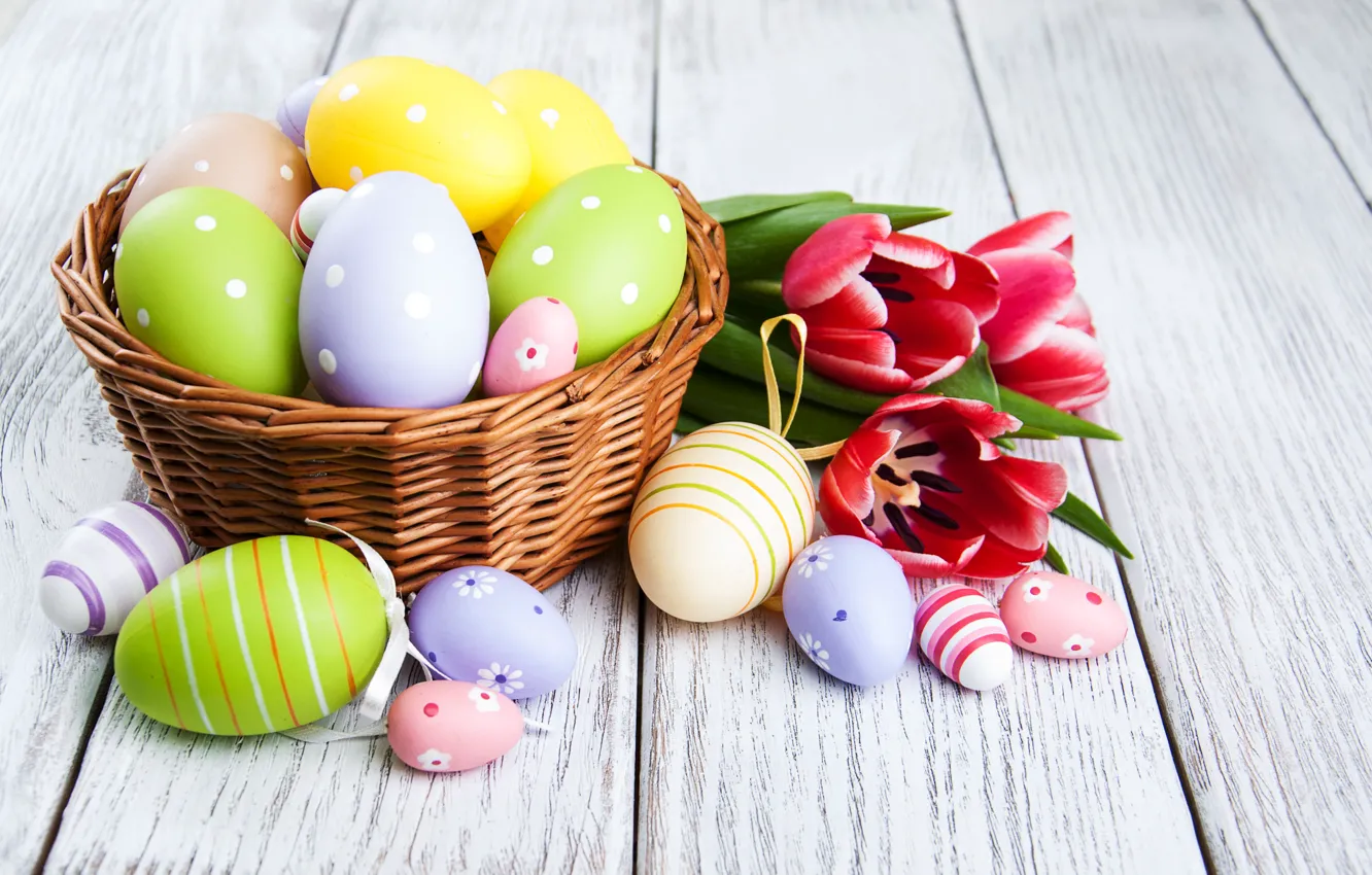Photo wallpaper flowers, eggs, colorful, Easter, tulips, wood, pink, flowers