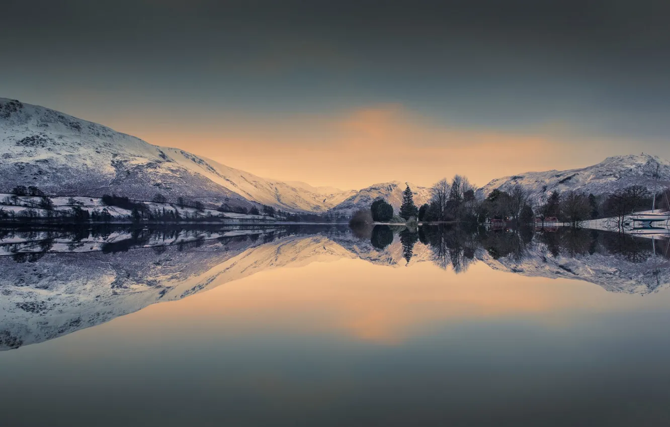 Photo wallpaper mountains, lake, reflection, dawn, England, morning, England, The lake district