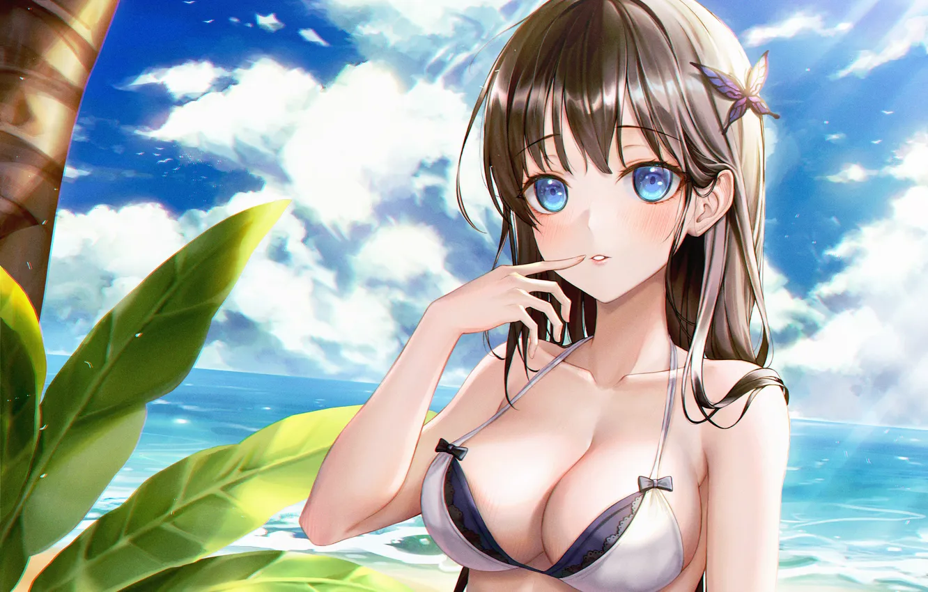 Photo wallpaper girl, sexy, cleavage, beach, long hair, sea, boobs, anime