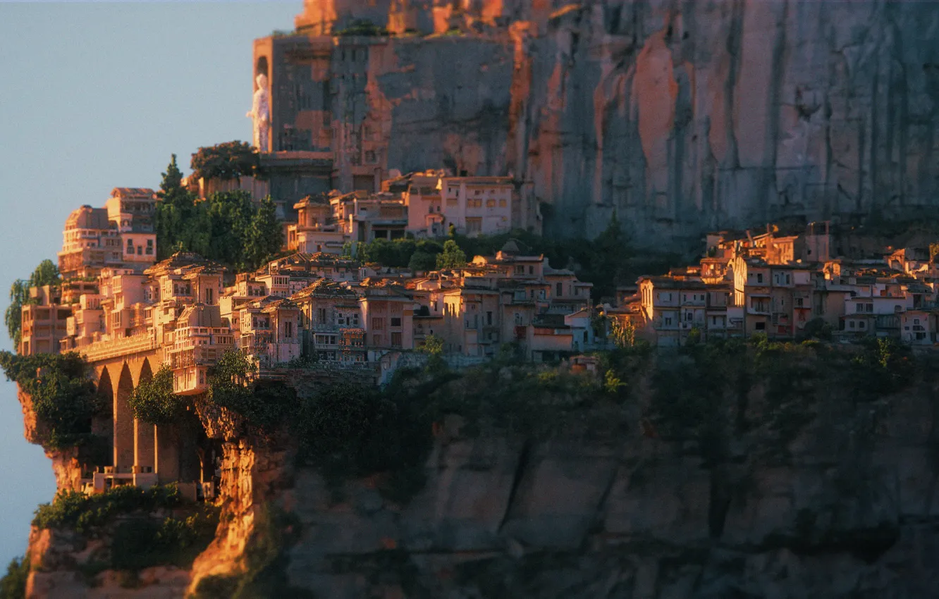 Photo wallpaper city, nature, mountains, digital art, artwork